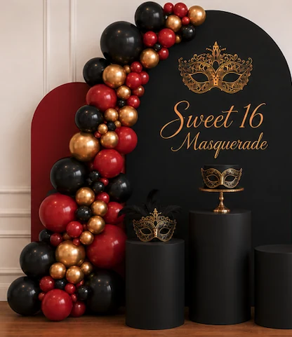 Black red and gold Sweet 16 balloon garland and backdrop rental in Clermont Florida